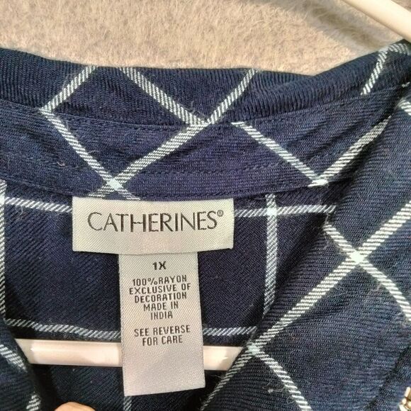 Catherines Button Down Shirt Womens Size 1X Navy Blue Beaded Long Sleeve Grid - Picture 7 of 12